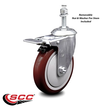 Service Caster 5 Inch Maroon Polyurethane Swivel 10mm Stem Caster with Total Lock Brake SCC SCC-TSTTL20S514-PPUB-MRN-M1015